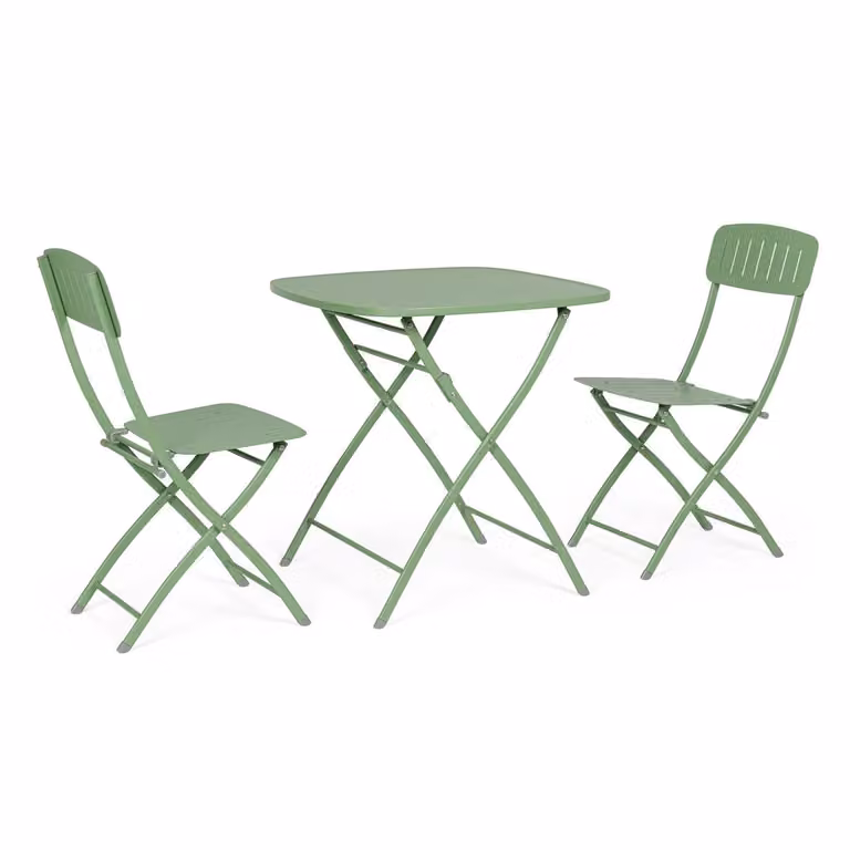 Set bistrot YVONNE con tavolo e 2 sedie in acciaio verde salvia