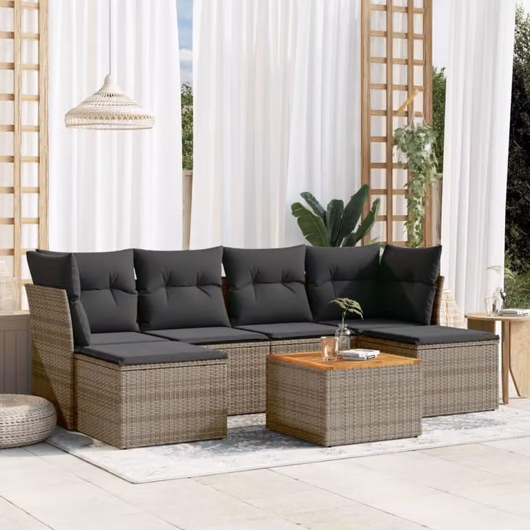 Set di divani da giardino vidaXL in polyrattan grigio con 7 pezzi, compresi cuscini e tavolino da esterno