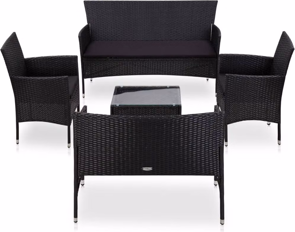 The Living Store Set da giardino 5 pezzi con cuscini in poly rattan nero