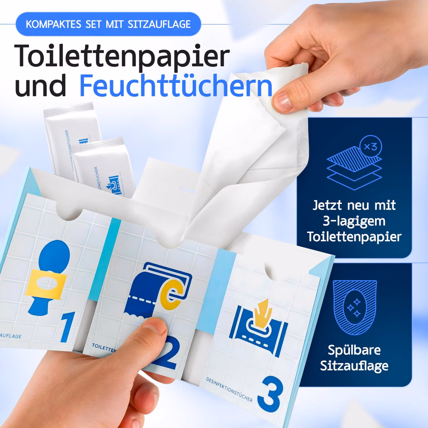 Set di copriwater monouso, composto da 3 pezzi, con salviette detergenti, ideale per i viaggi