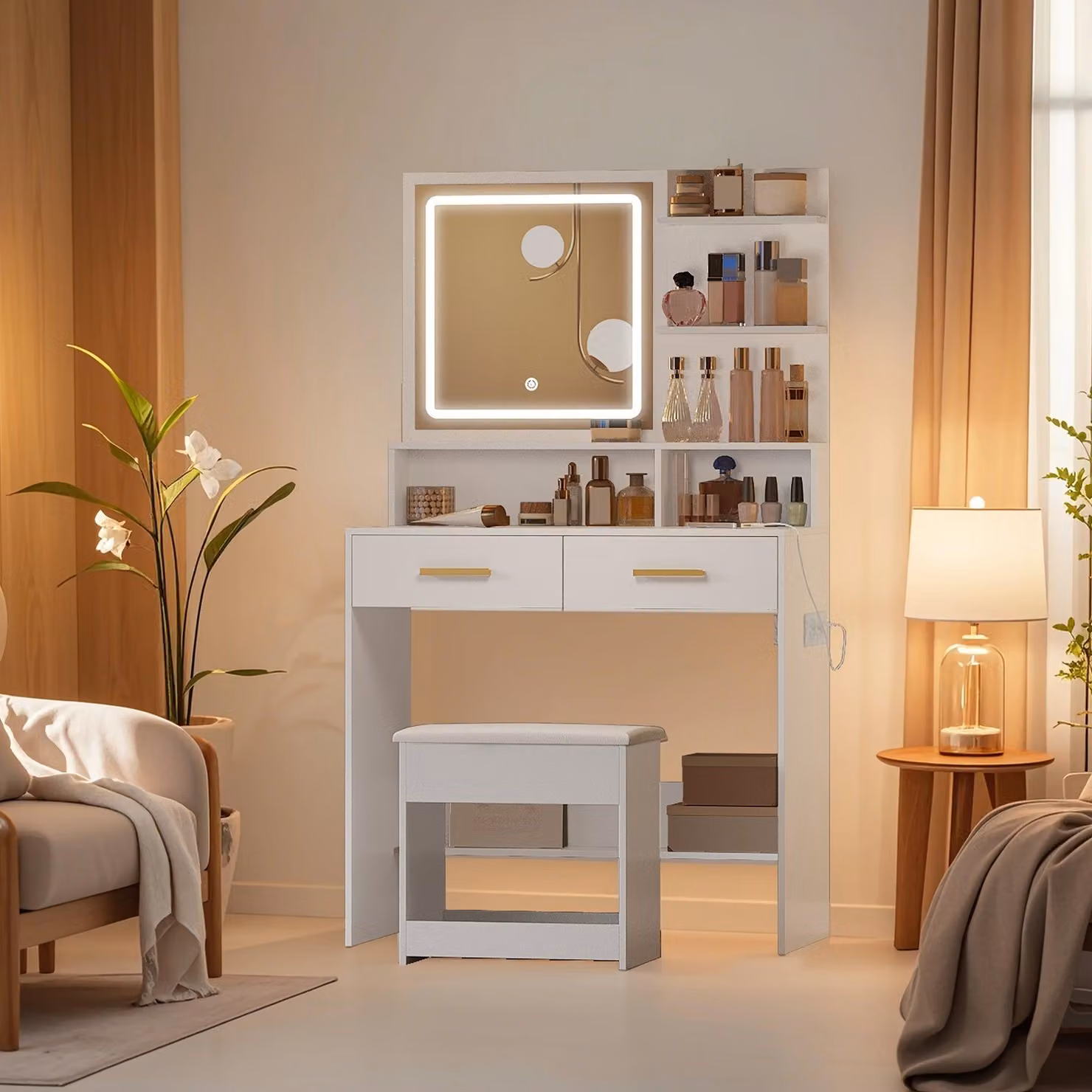 Scrivania con illuminazione LED regolabile, presa di corrente integrata, porta USB e sgabello confortevole