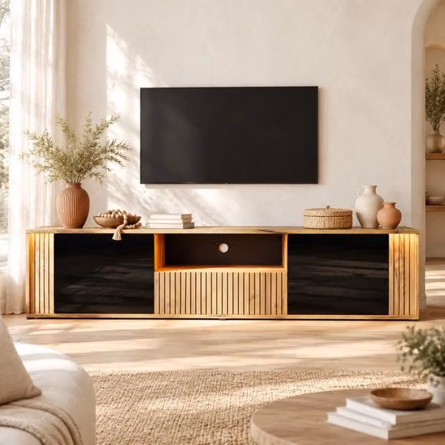 Mobile porta TV con LED 2 ante 1 cassetto e vani aperti per soggiorno MDF e truciolare nero e naturale 180 × 40 × 51 cm