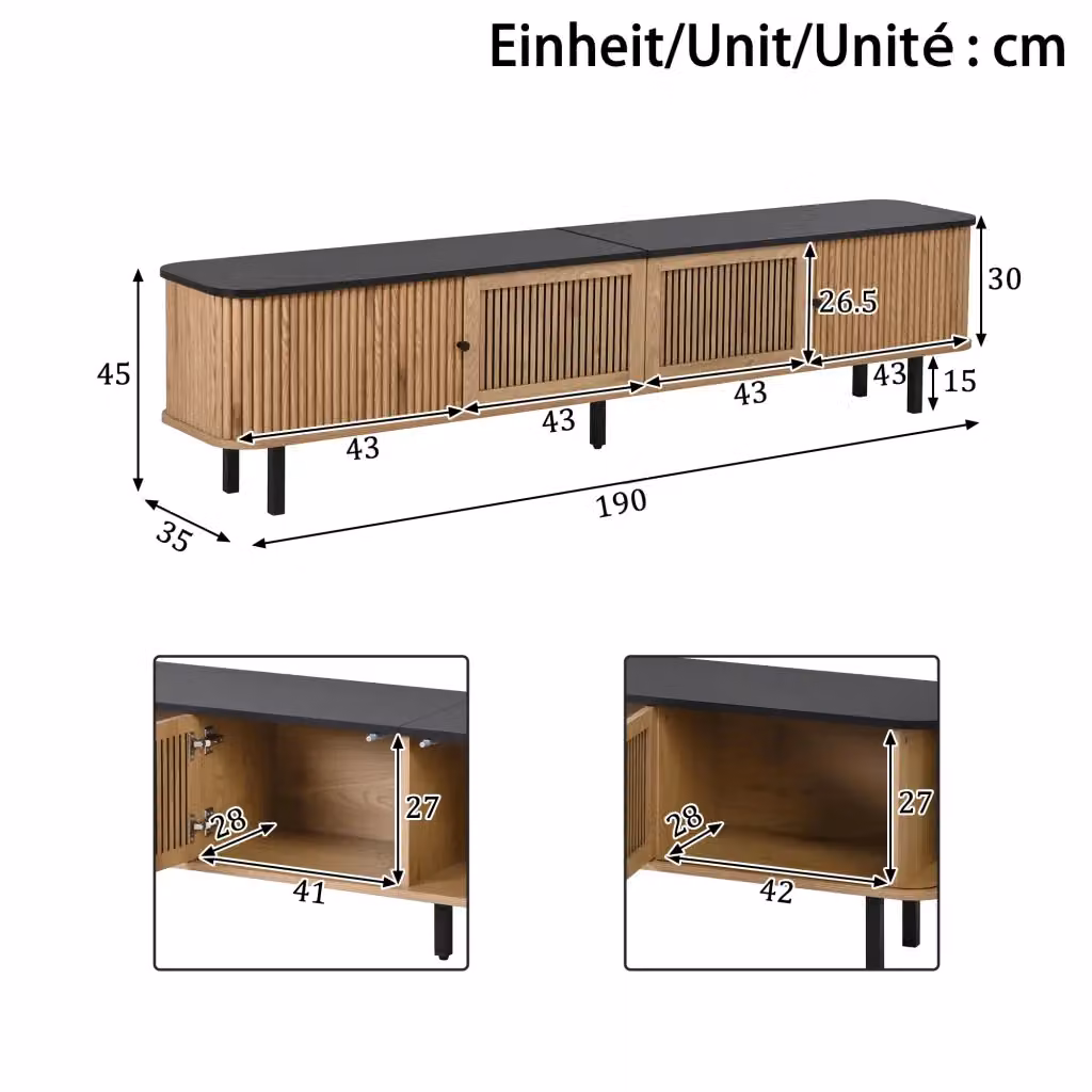Mobile TV moderno WISHDOR in legno e metallo con ante scorrevoli, colore marrone, L 190 x P 35 x H 45 cm – 2