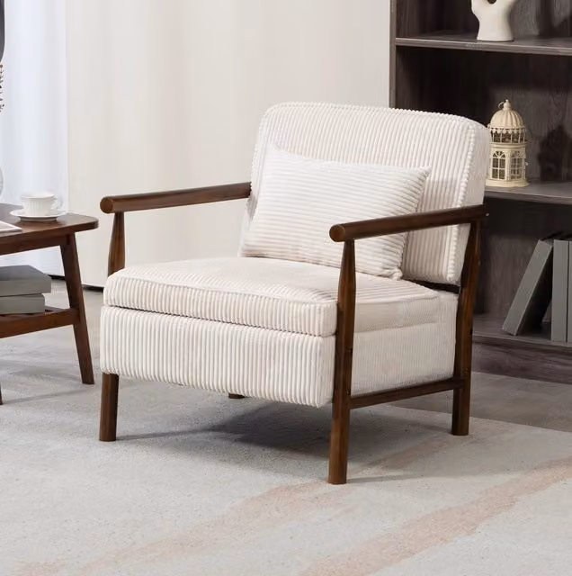 Poltrona relax in velluto bianco con vano portaoggetti e cuscino lombare