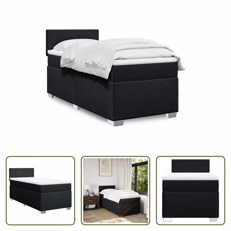 The Living Store Letto a molle con materasso nero 100x200 cm in tessuto