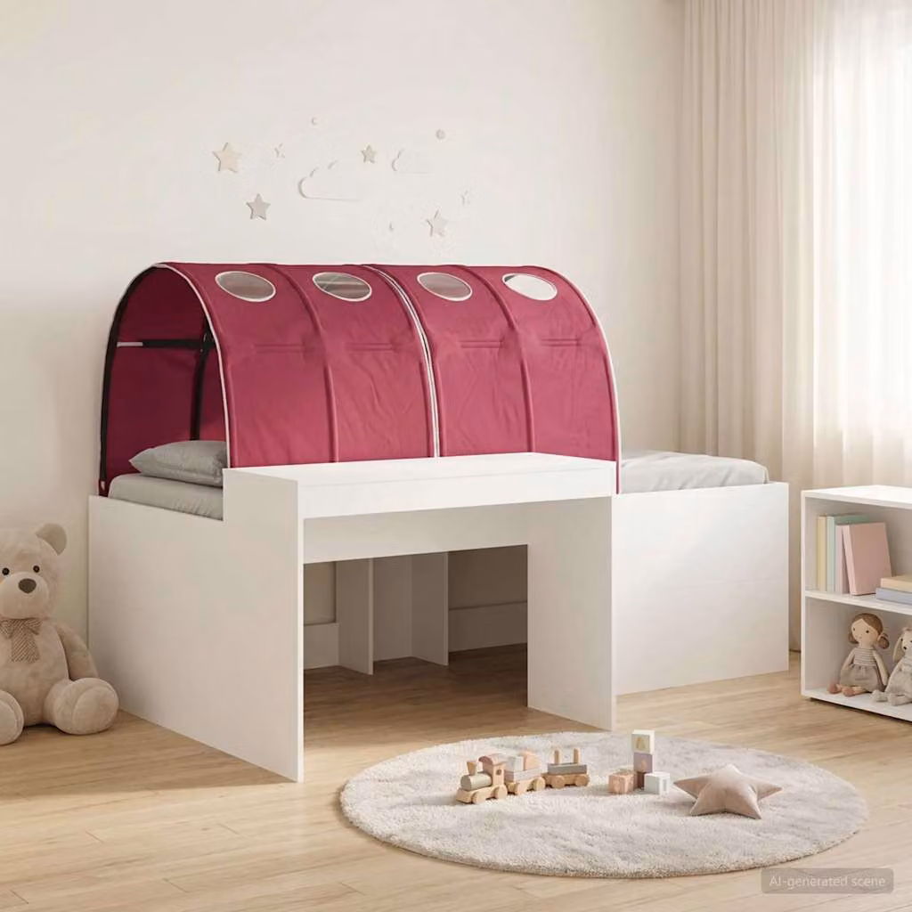 Letto per bambini con tunnel vidaXL in legno e tessuto, L/P/H: 193 x 120 x 75 cm, Rovere, Rosso e Bianco