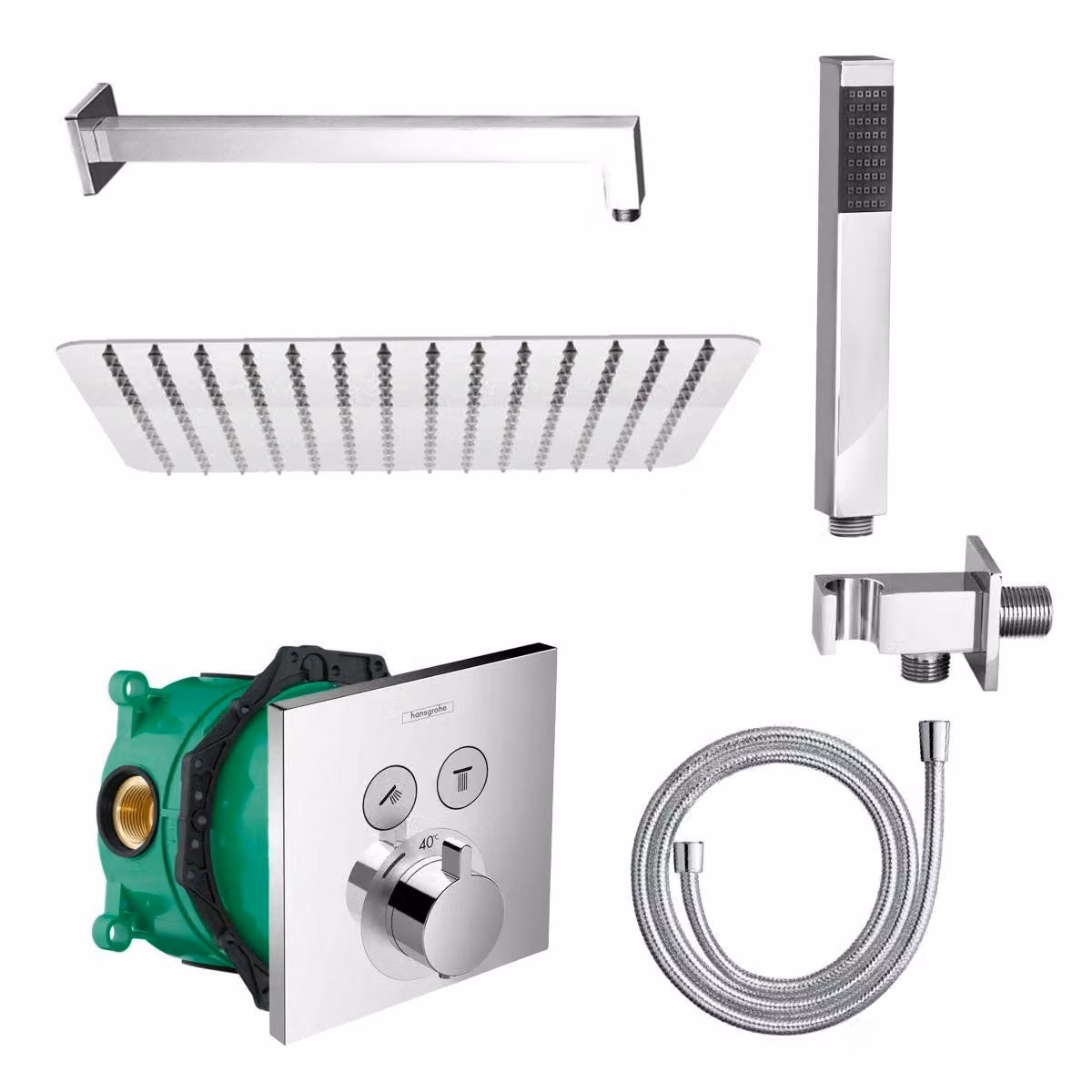 Set doccia Belvit con soffione a pioggia, doccetta manuale e tubo flessibile, completo di termostato da incasso rettangolare Hansgrohe ShowerSelect in cromo, inclusa la scatola di derivazione universale iBox