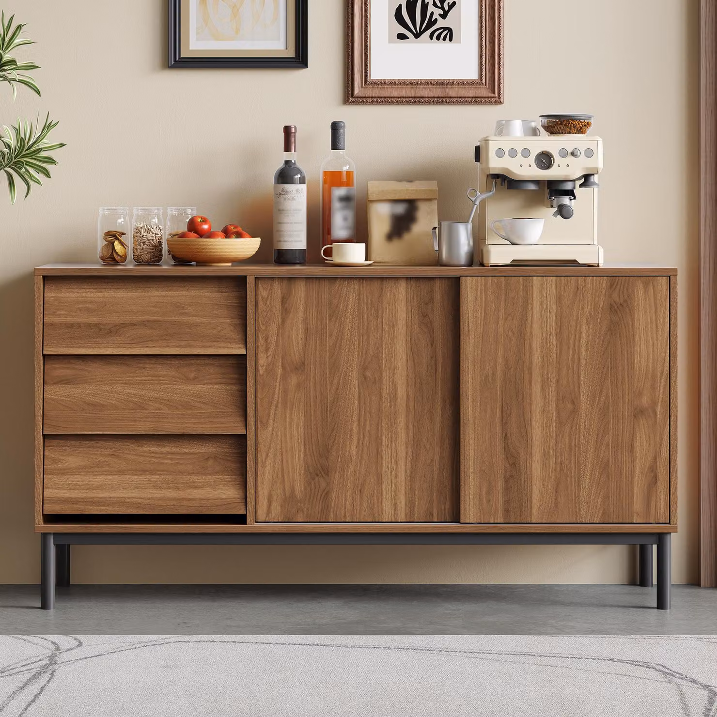 Mobiletto da cucina Merax con 3 cassetti e 2 ante scorrevoli, credenza con ripiani interni in MDF, armadietto contenitore con piedi stabili, finitura effetto noce