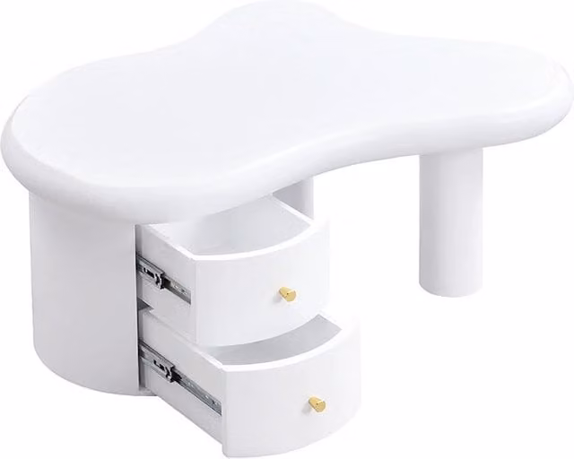Tavolino da caffè moderno bianco in MDF con forma irregolare e 2 cassetti, 97x64x42 cm