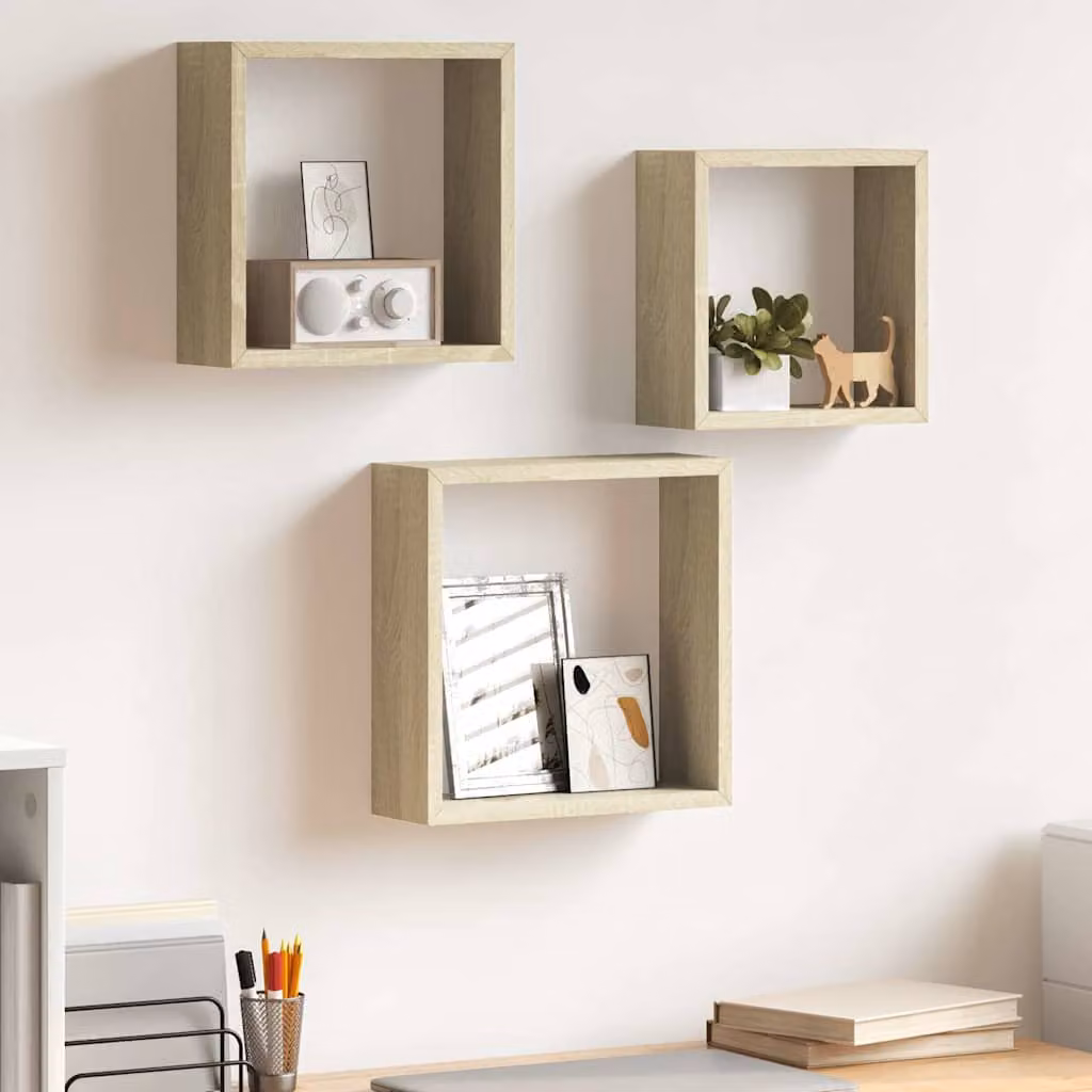 Set di 3 mensole a cubo da parete vidaXL in MDF, colore marrone, design moderno con schienale aperto