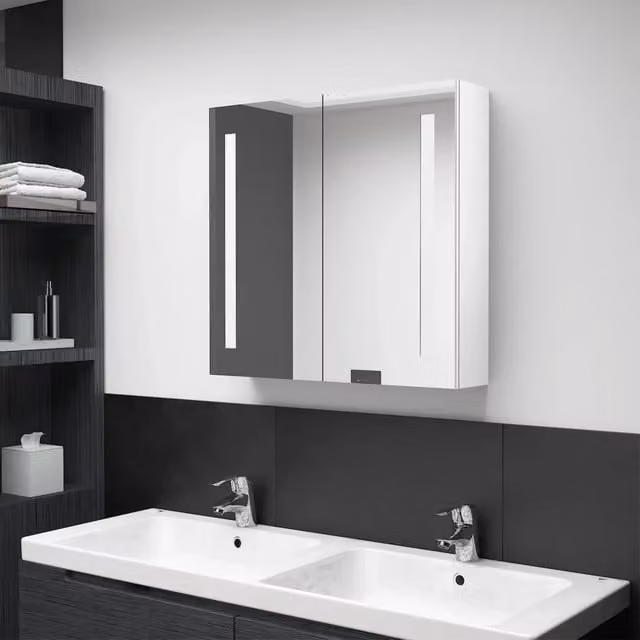 Armadietto da bagno moderno vidaXL con specchio e illuminazione LED integrata, bianco lucido, L: 62 cm, P: 14 cm, H: 60 cm