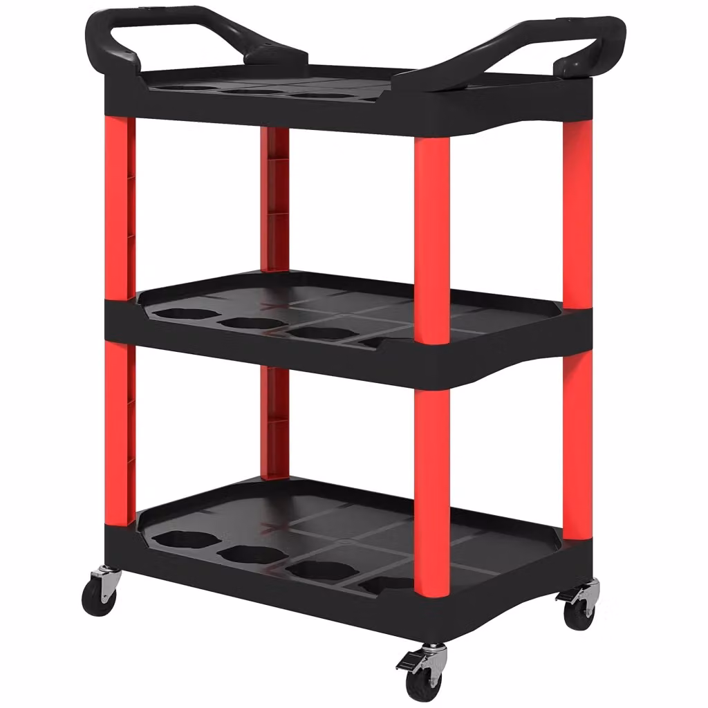 Carrello portautensili XYLO a 3 ripiani con ruote e maniglie, colore rosso e nero, portata massima 91 kg – 2