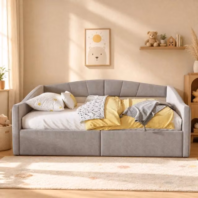 Letto contenitore imbottito con rete a doghe e braccioli in velluto grigio chiaro con schienale a righe