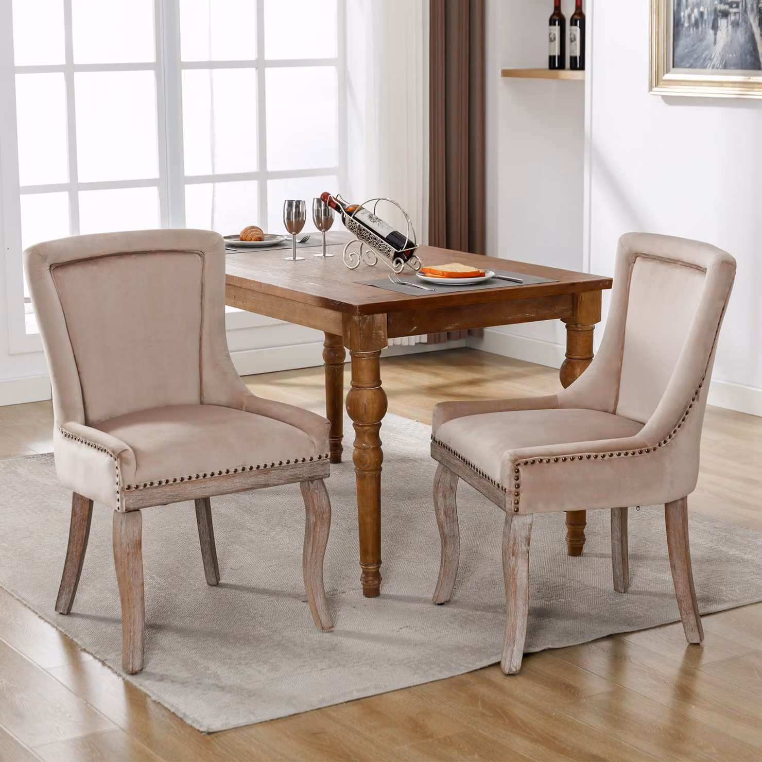 MODFU, set di 2 poltrone da pranzo sedia da cucina, sedia da soggiorno, poltrona poggiapiedi, sedia multifunzione con dettagli in metallo a forma di chiodo, gambe in legno massello, rivestimento in velluto, color beige