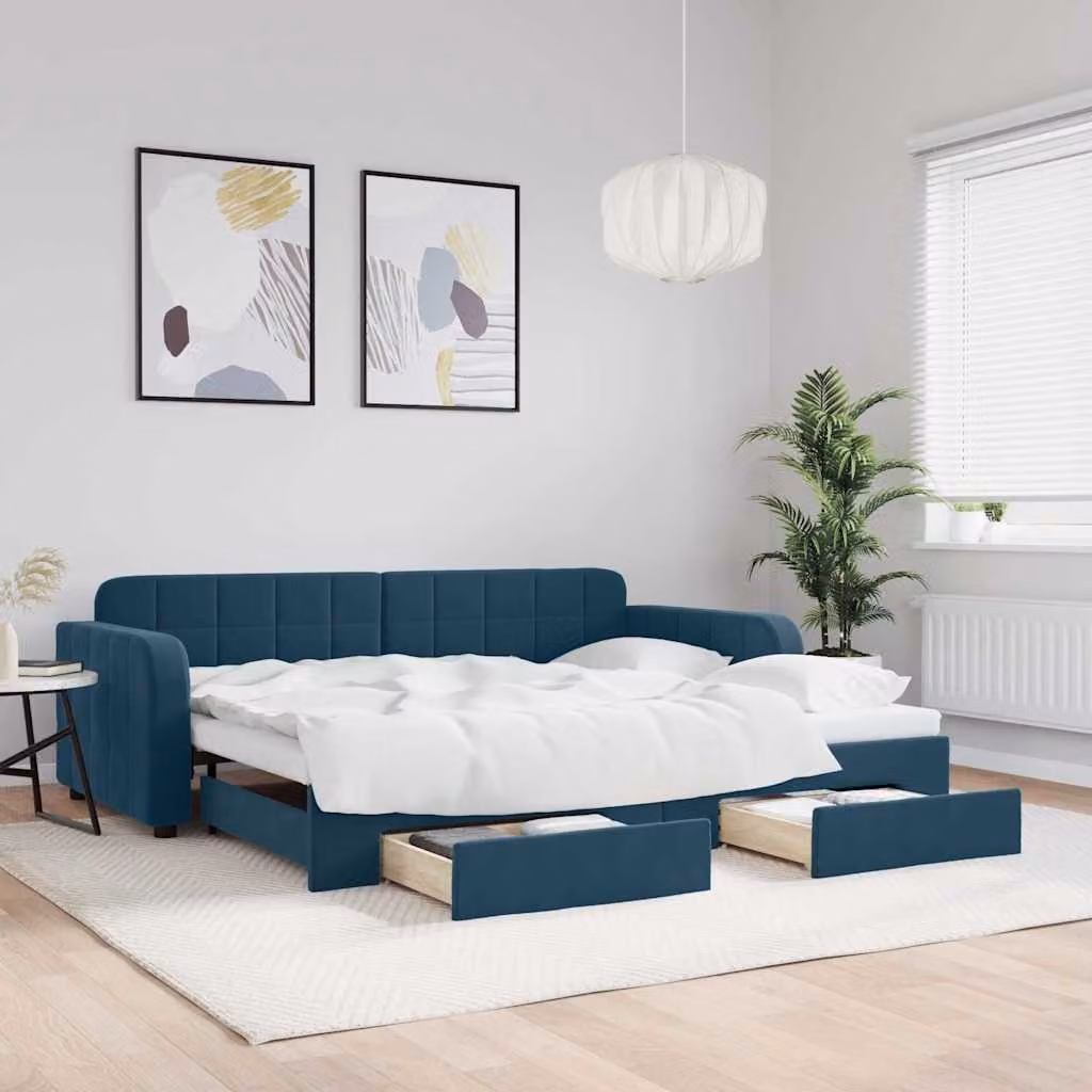 vidaXL Divano Letto Estraibile con Cassetti in Velluto Blu, L/P/H: 90 x 200 cm