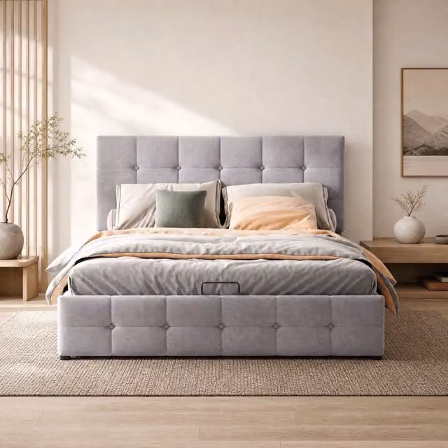 Letto matrimoniale 140x200 cm con contenitore idraulico; testiera imbottita in velluto grigio