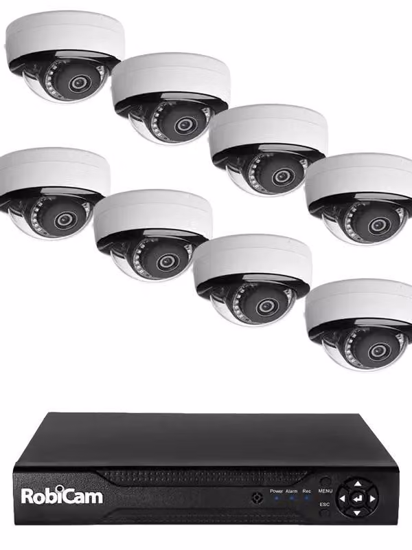 NVR, RobiCam, 8 telecamere dome, 5MP, alta risoluzione, videosorveglianza, kit telecamere, sistema NVR, telecamere IP, sicurezza casa e azienda