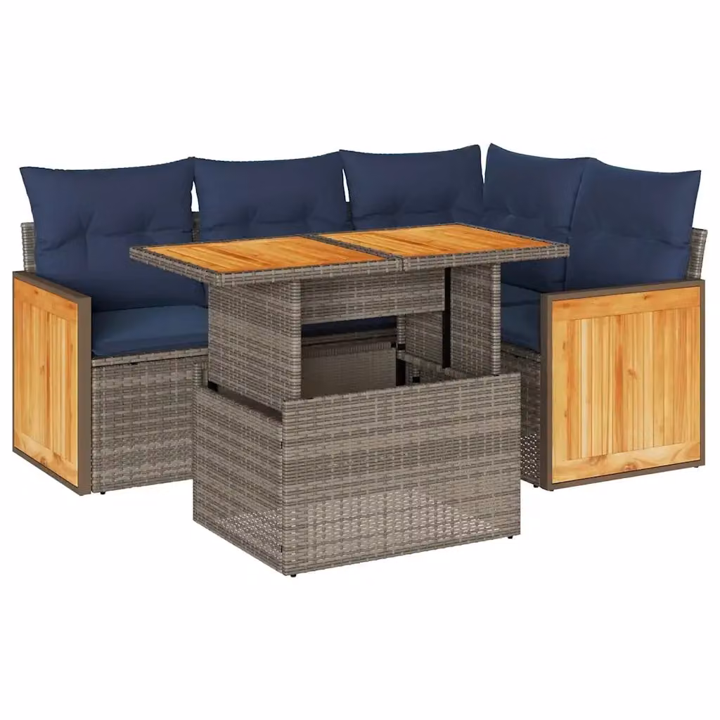 Set Divano da Giardino a L vidaXL in Polyrattan e Legno di Acacia con Cuscini Blu e Grigio – 2