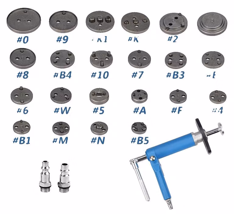 Set di strumenti pneumatici per pinze freno, 23 pezzi, 22 adattatori, acciaio ad alto tenore di carbonio, compatibilità universale, facile da usare