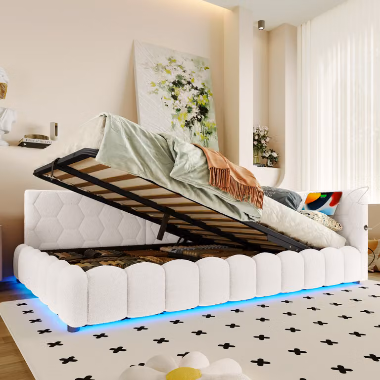 STILVORA Divano letto 140×200, divano letto con meccanismo di sollevamento idraulico, con striscia luminosa a LED, letto per ragazzi con striscia luminosa a LED e porta USB, senza materasso, bianco