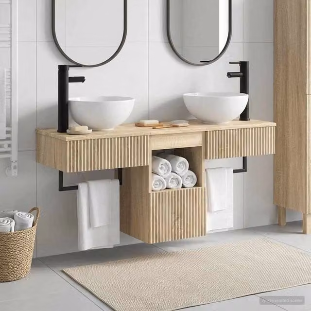 Set di mobili da bagno moderno vidaXL in legno color rovere, composto da 3 pezzi con mobile lavabo e pensile a parete, L/P/H: 120 x 40 x 56 cm