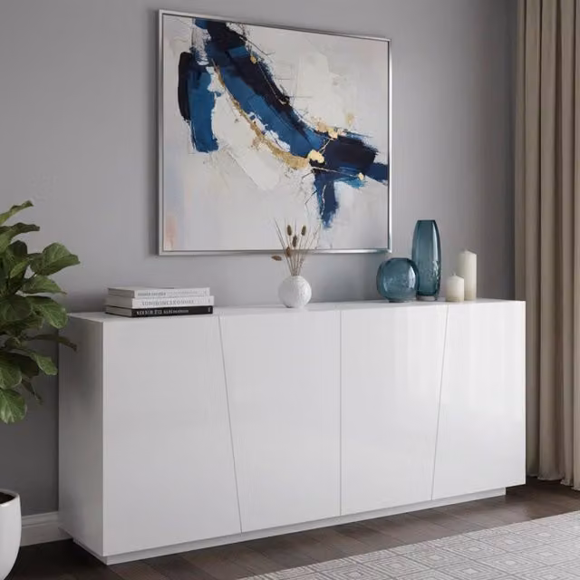 Credenza moderna a 4 Apollo, Made in Italy, Madia da cucina, Buffet di design da soggiorno, cm 200x43h86, Bianco lucido