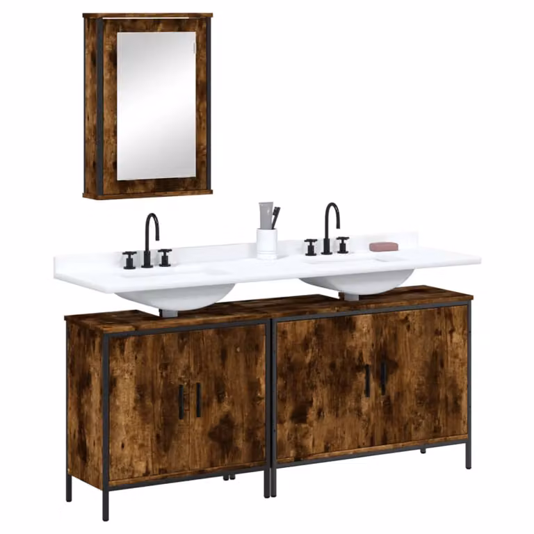 Set di mobili da bagno vidaXL 3 pezzi in legno e metallo stile industriale, colore marrone rovere, con mobile sottolavabo e armadietto con specchio