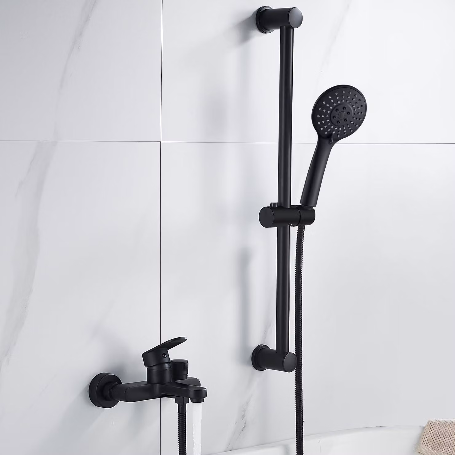 Doccia a soffitto nera con flessibile, barra porta-doccia, set, montaggio a parete