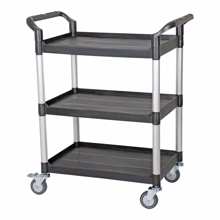 Carrello di servizio STIER, con 3 ripiani, maniglie di spinta su entrambi i lati, LxLxH 850x480x1000 mm, portata 150 kg, 4 ruote piroettanti, di cui 2 bloccabili, carrello a ripiani, carrello a spinta, nero