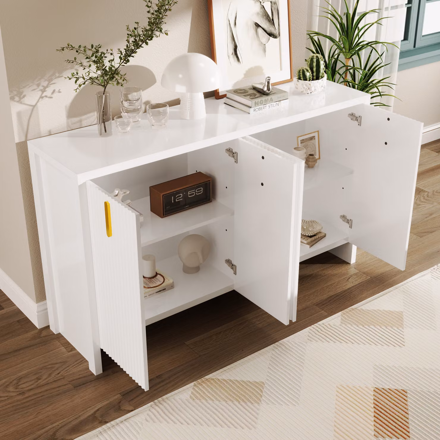 Cassettiera AIORBER, con maniglie dorate, ripiani regolabili, credenza, molto spazio, per soggiorno, sala da pranzo, 140 x 80 x 38 cm, bianco