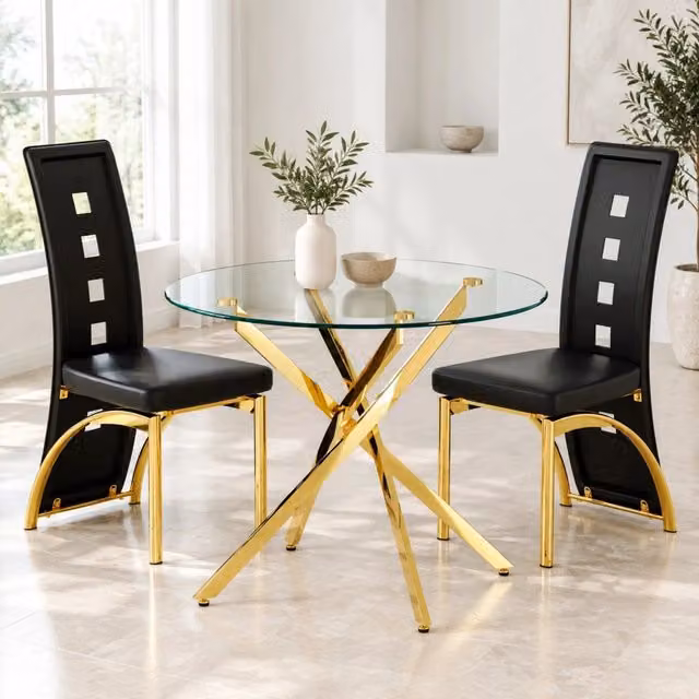 Set da pranzo Mivray composto da tavolo rotondo in vetro temperato e 2 sedie in similpelle, colori nero, oro e trasparente, stile moderno