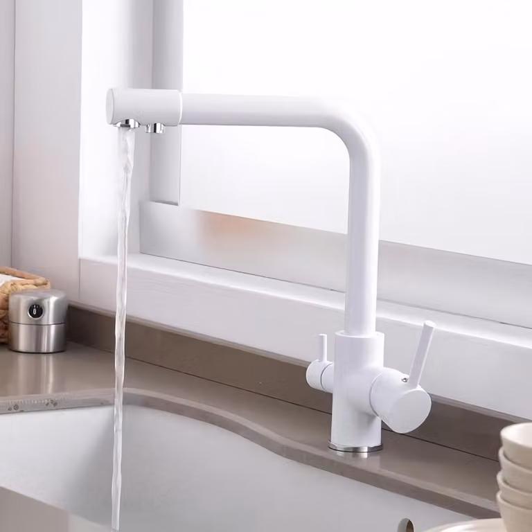 Rubinetto per lavello da cucina, a 3 vie, con filtro, girevole a 360°, colore bianco