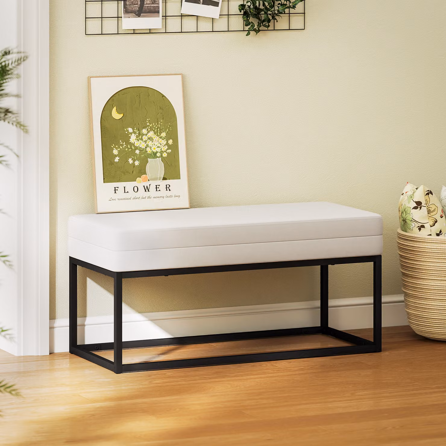 Panca da ingresso moderna HOMCOM in velluto beige con struttura in metallo e piedini regolabili, L: 94 cm, P: 42 cm, H: 44 cm – 2
