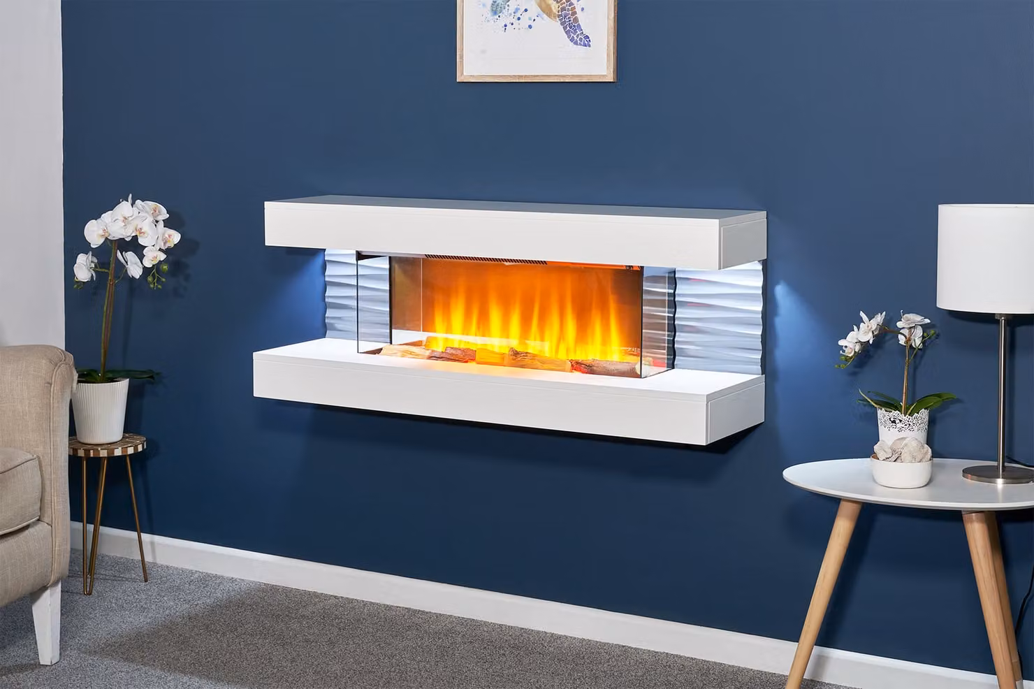 Sureflame WM-9332 caminetto elettrico da parete con plafoniera e telecomando in bianco puro