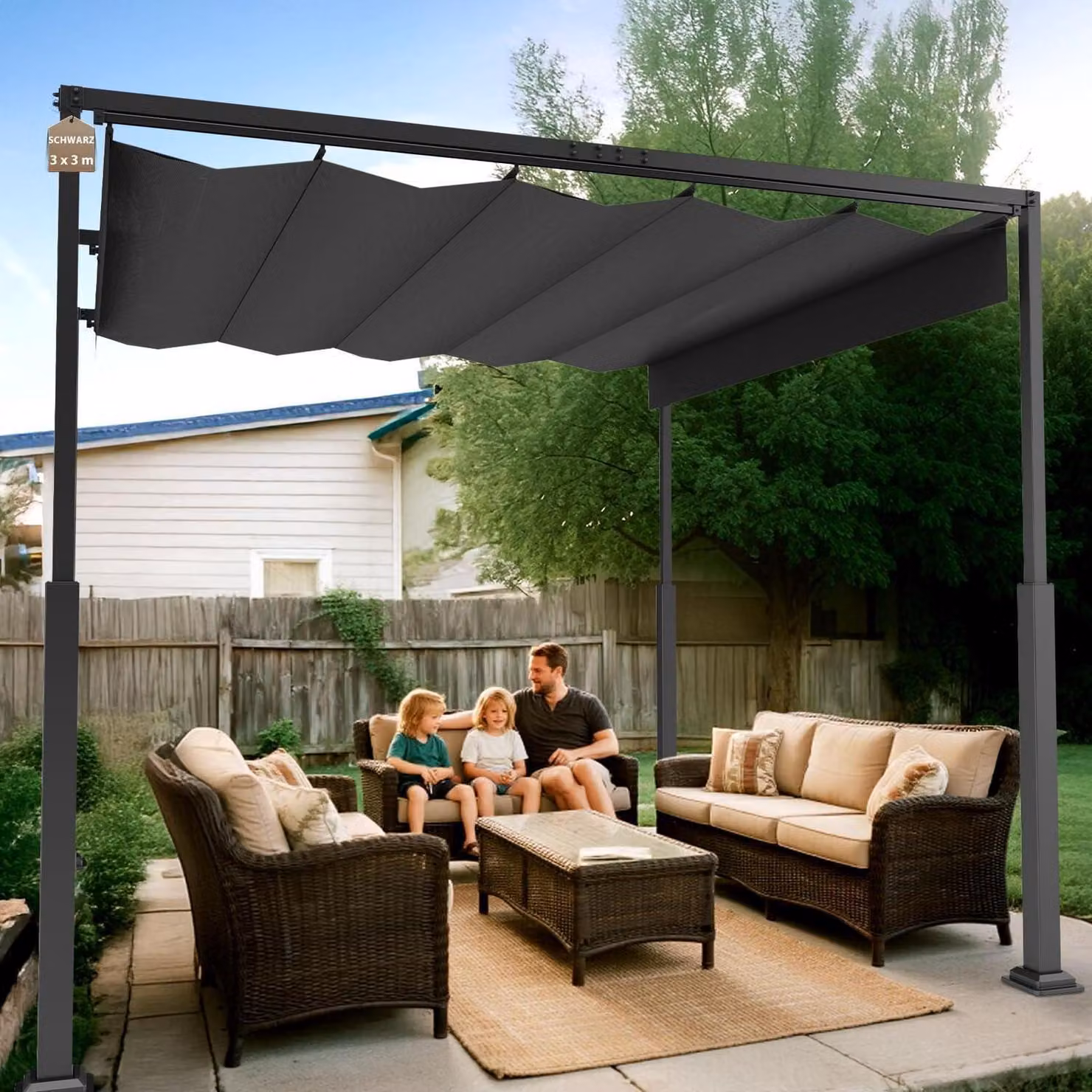 Pergola con tetto scorrevole, dimensioni 3x3 metri, realizzata in acciaio e poliestere, colore nero