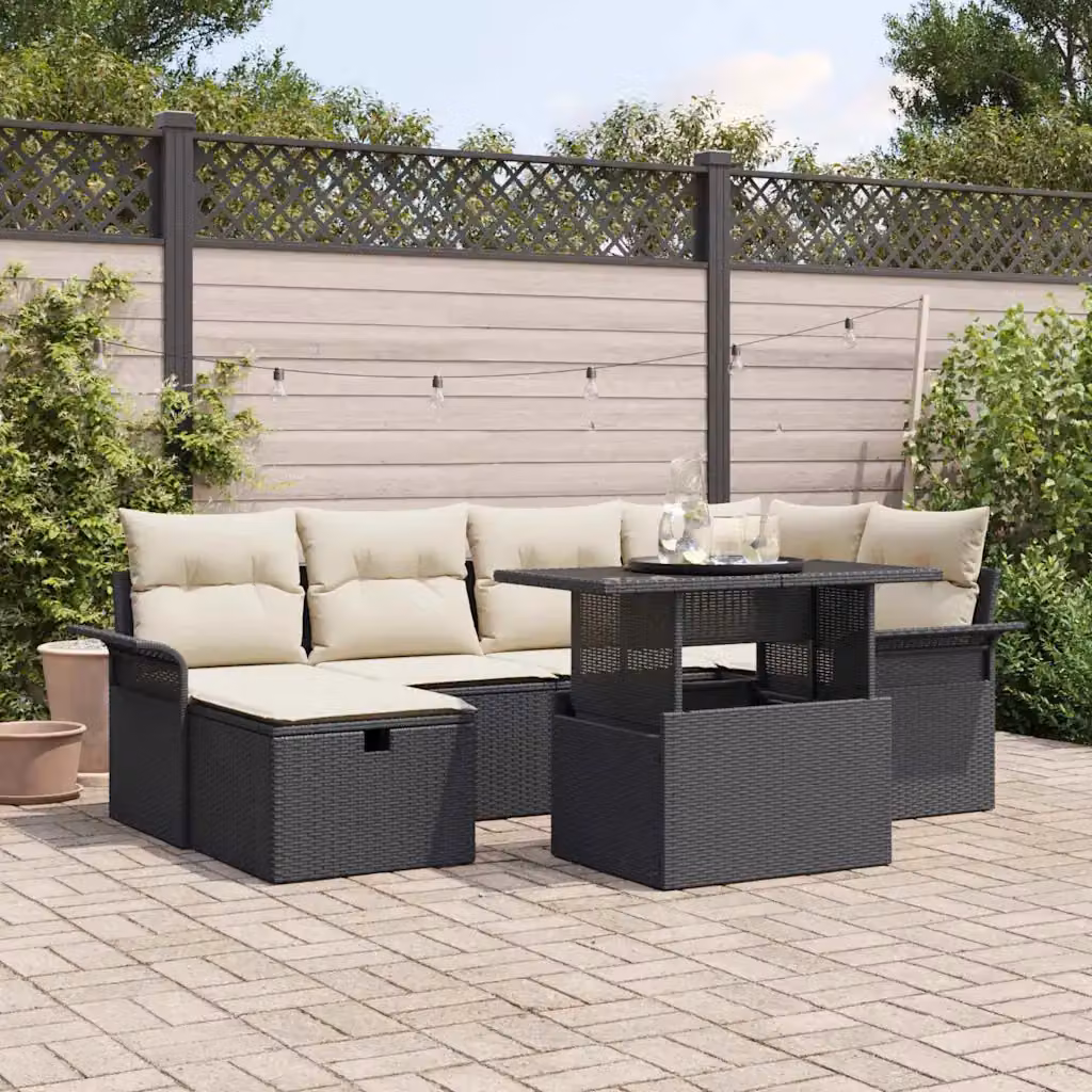 Set Divano da Giardino L-Shape vidaXL in Polyrattan Nero con Cuscini e Tavolino da Esterno – 1