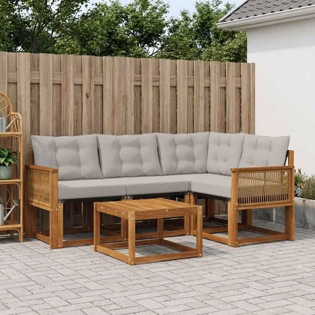 Set di divani da esterno vidaXL 5 pezzi in legno di acacia con tavolino e cuscini, colore beige e grigio