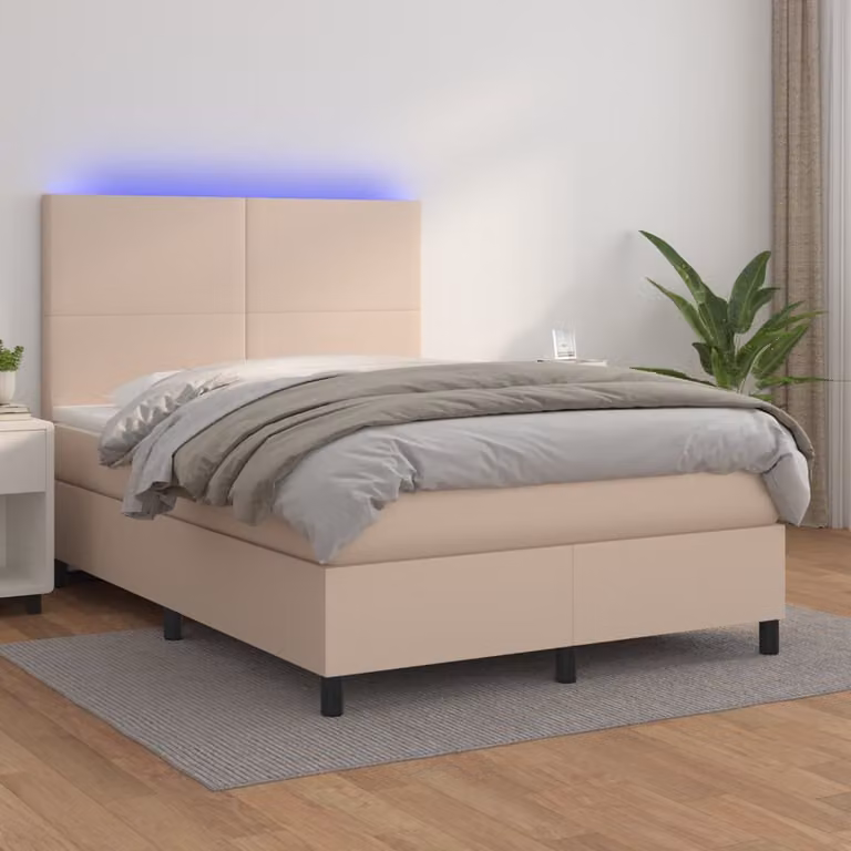 vidaXL Letto con Giroletto a Molle e Illuminazione LED in Similpelle Cappuccino L: 140 cm, P: 190 cm