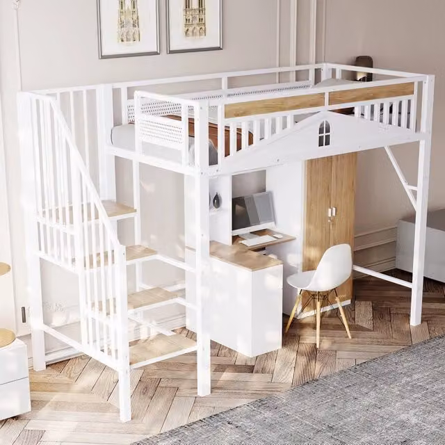 Letto a soppalco 90x200 ¨C Minimal ¨C metallo bianco con ringhiera di sicurezza e scala