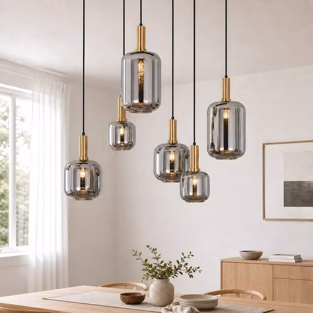 ZMH Lampada a Sospensione E27 Vintage 6 Luci Grigio Fumo Per Tavolo da Pranzo Sala da Pranzo Senza Lampadine