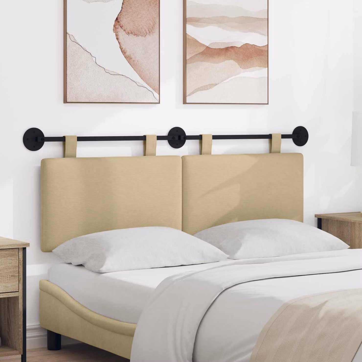 Testiera sospesa vidaXL in tessuto cord in legno e metallo, disponibile in verde o beige, L: 130 cm, H: 55 cm, P: 5,89 cm