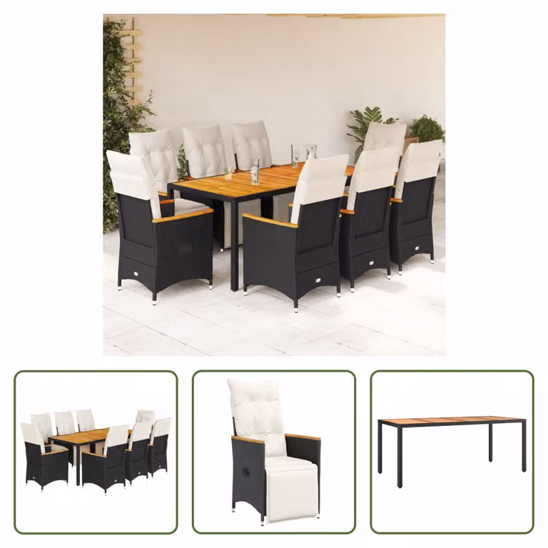The Living Store Set bistrot da giardino da 9 pezzi con cuscini in poly rattan nero