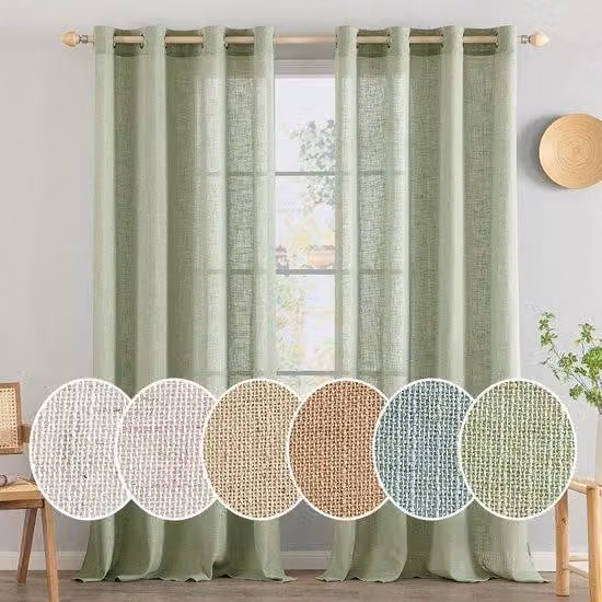 Tende in voile effetto lino, moderne, semitrasparenti, verdi, set da 2, soggiorno, cucina, camera dei bambini
