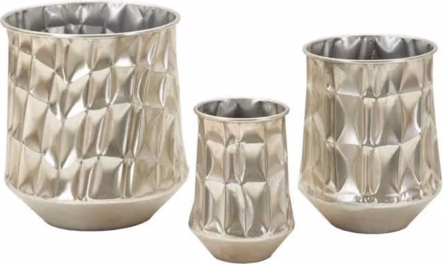 Set di tre portavasi Silver Vikasa Home in metallo argento martellato per tavolo, forma geometrica e moderna, diametro: 35 cm, altezza: 3,5 cm