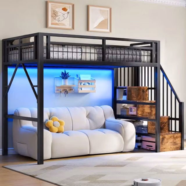 Letto a soppalco singolo MIVRAY nero con scala contenitore e barra LED controllabile tramite app in metallo e MDF L/P/H: 254 x 90 x 200 cm