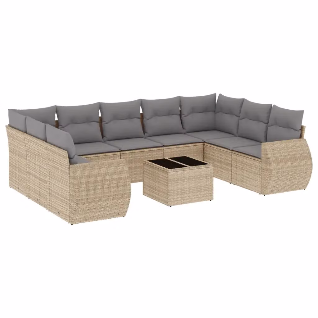vidaXL Set Divano da Giardino 10 pz a Forma a L in Polyrattan con Cuscini Beige e Grigio e Tavolino – 2