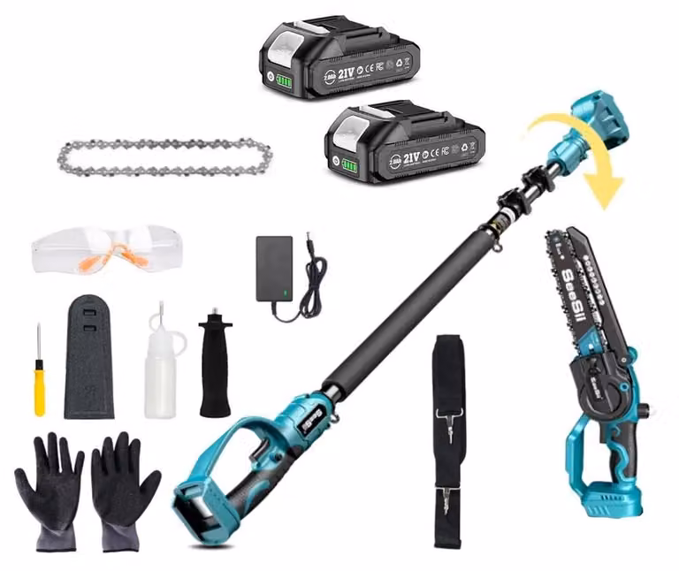 Troncatrice a catena elettrica senza fili - Sega per rami con asta telescopica - Lame da 20 cm - Asta di prolunga da 3 metri - 2 batterie da 2,0 Ah - Per la cura degli alberi