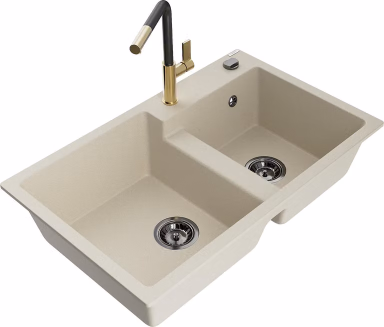 Mexen Tomas lavello in granito a 2 vasche con miscelatore cucina Flora, beige - 6516-69-670401-57-B