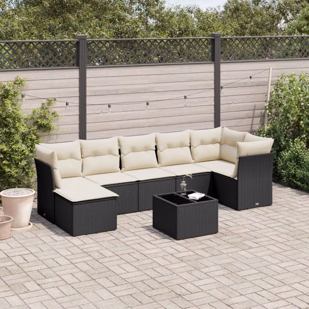 vidaXL Set Divani da Giardino 8 pz in Polyrattan Nero con Cuscini e Tavolino da Esterno – 1