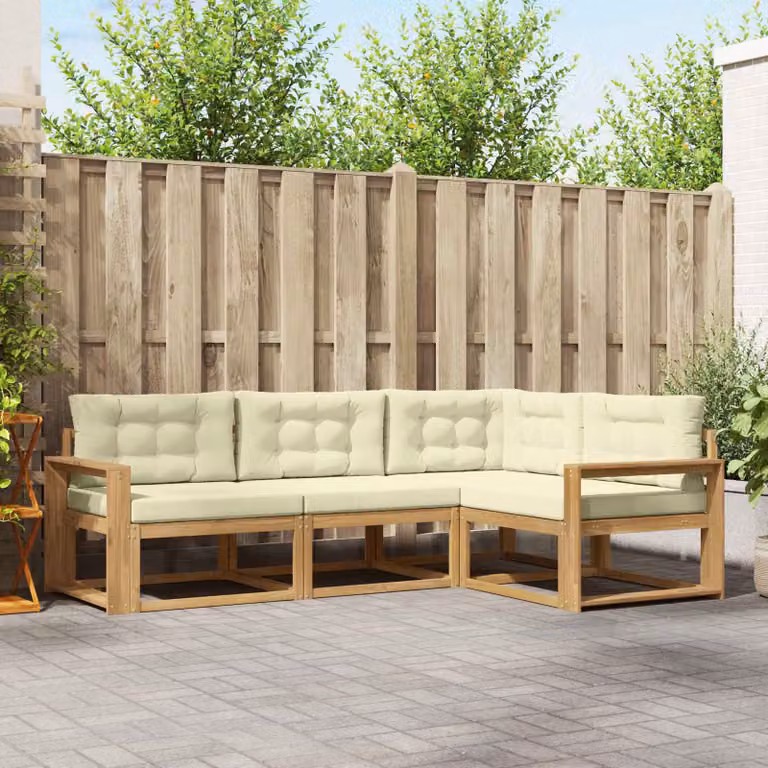 Set di divani da esterno a L vidaXL in legno di acacia con cuscini, Bianco, Beige e Marrone